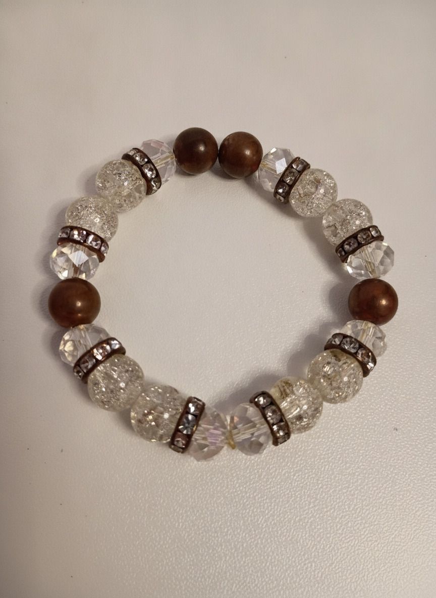 Vintage Clear Crackle Bead and Brown Bead Stretch Bracelet Rhinestone Spacers