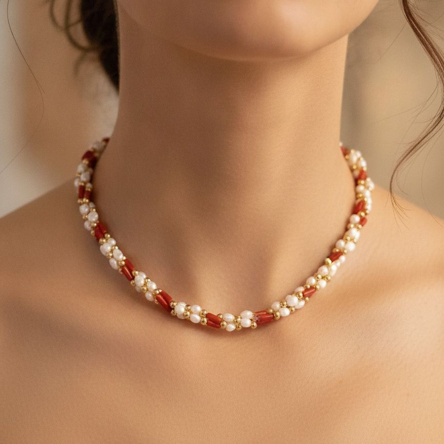Vintage Orange & White Seed Bead Floral Pattern Necklace