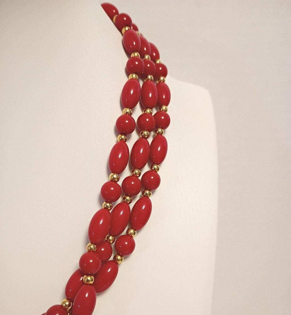 Vintage Red Bead Triple Strand Statement Necklace Gold Tone Spacers 17 In