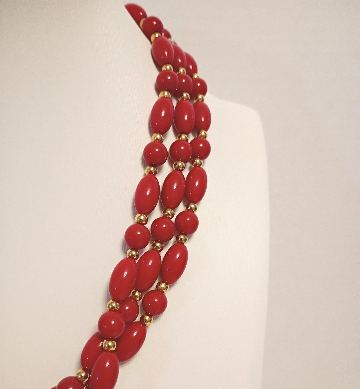 Vintage Red Bead Triple Strand Statement Necklace Gold Tone Spacers 17 In