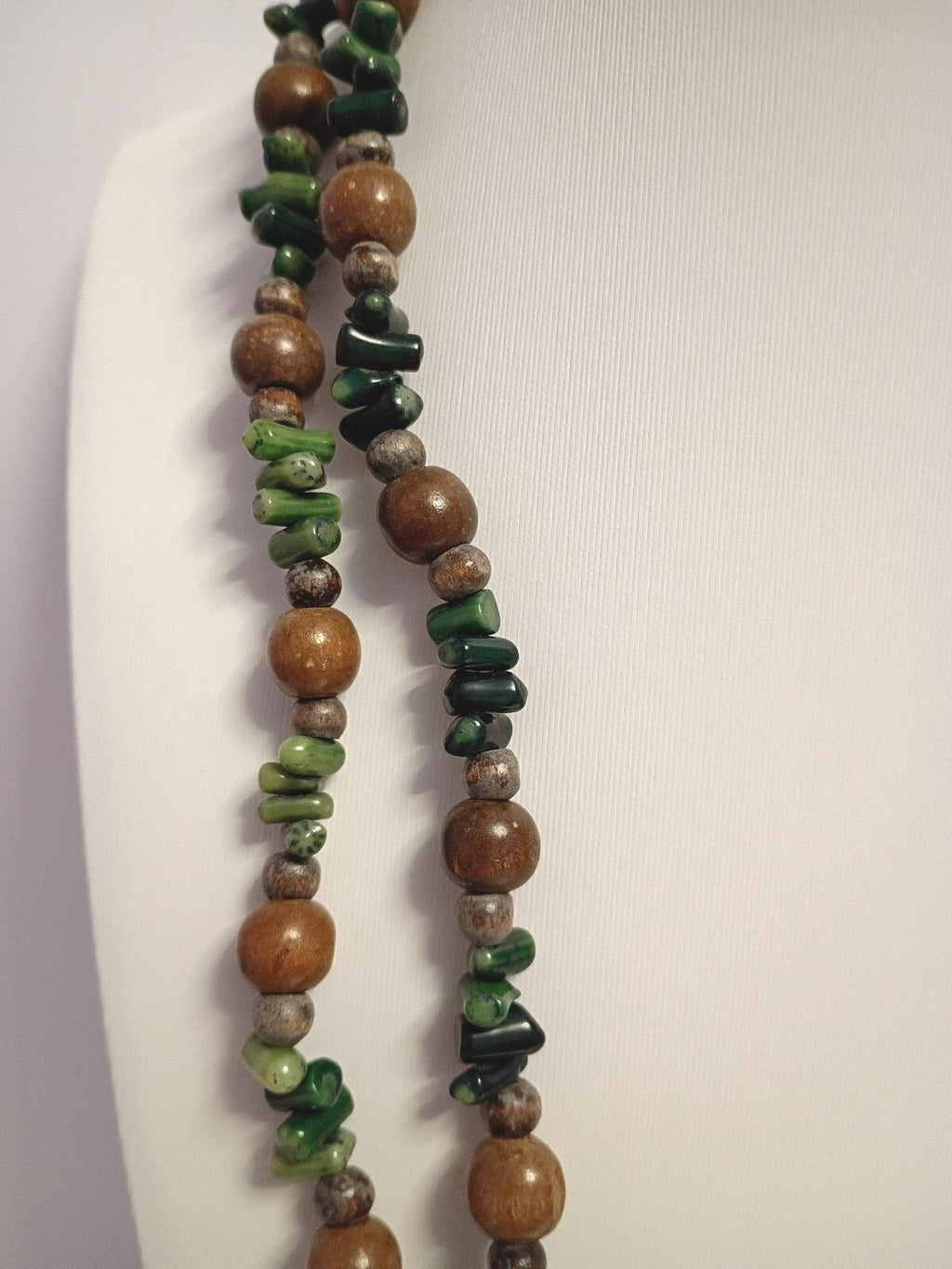 Vintage Rope Length Necklace with Natural Stones in Greens & Round Wooden Beads