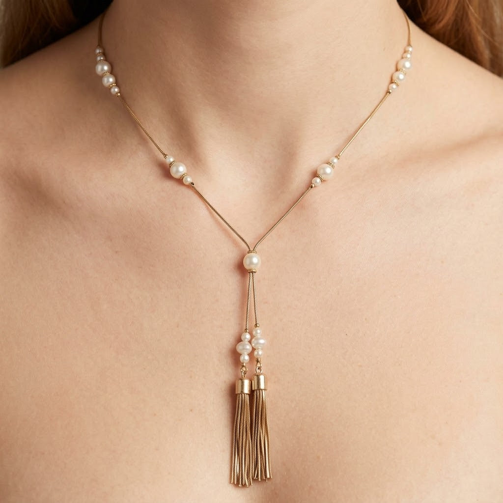 Vintage Gold Tone Station Tassel Necklace with Faux Pearls & White Beads