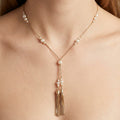 Vintage Gold Tone Station Tassel Necklace with Faux Pearls & White Beads