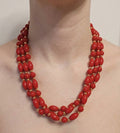 Vintage Red Bead Triple Strand Statement Necklace Gold Tone Spacers 17 In