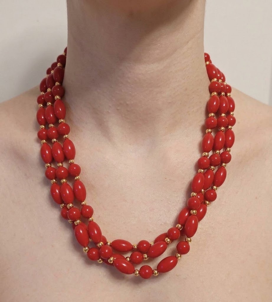 Vintage Red Bead Triple Strand Statement Necklace Gold Tone Spacers 17 In