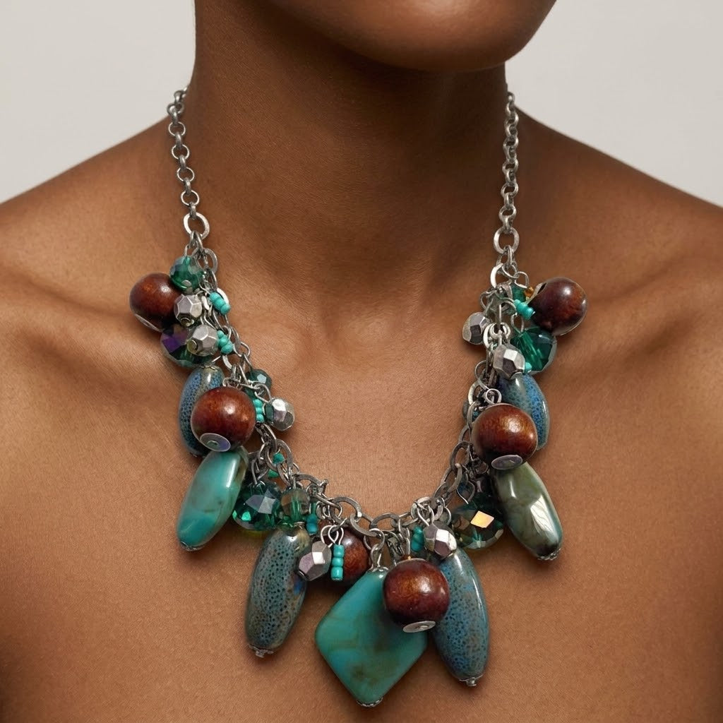 Vintage Statement Necklace Multi Media with Wood, Stones, Glass, Metal and Resin