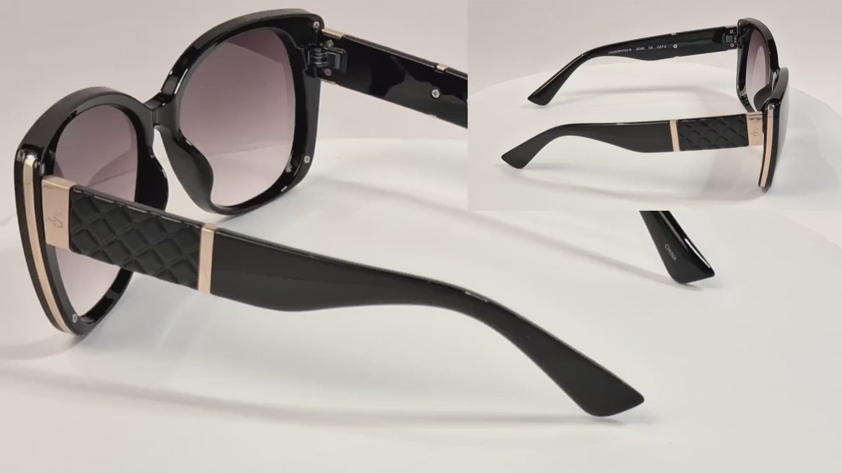 Jessica Simpson Black Cat Eye Sunglasses Quilted Gold Temples - Video 1