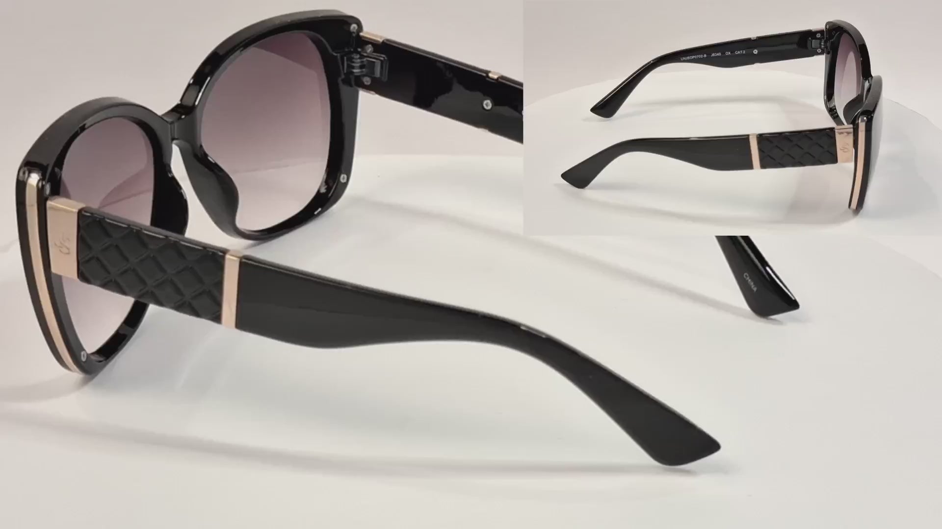 Jessica Simpson Black Cat Eye Sunglasses Quilted Gold Temples - Video 1