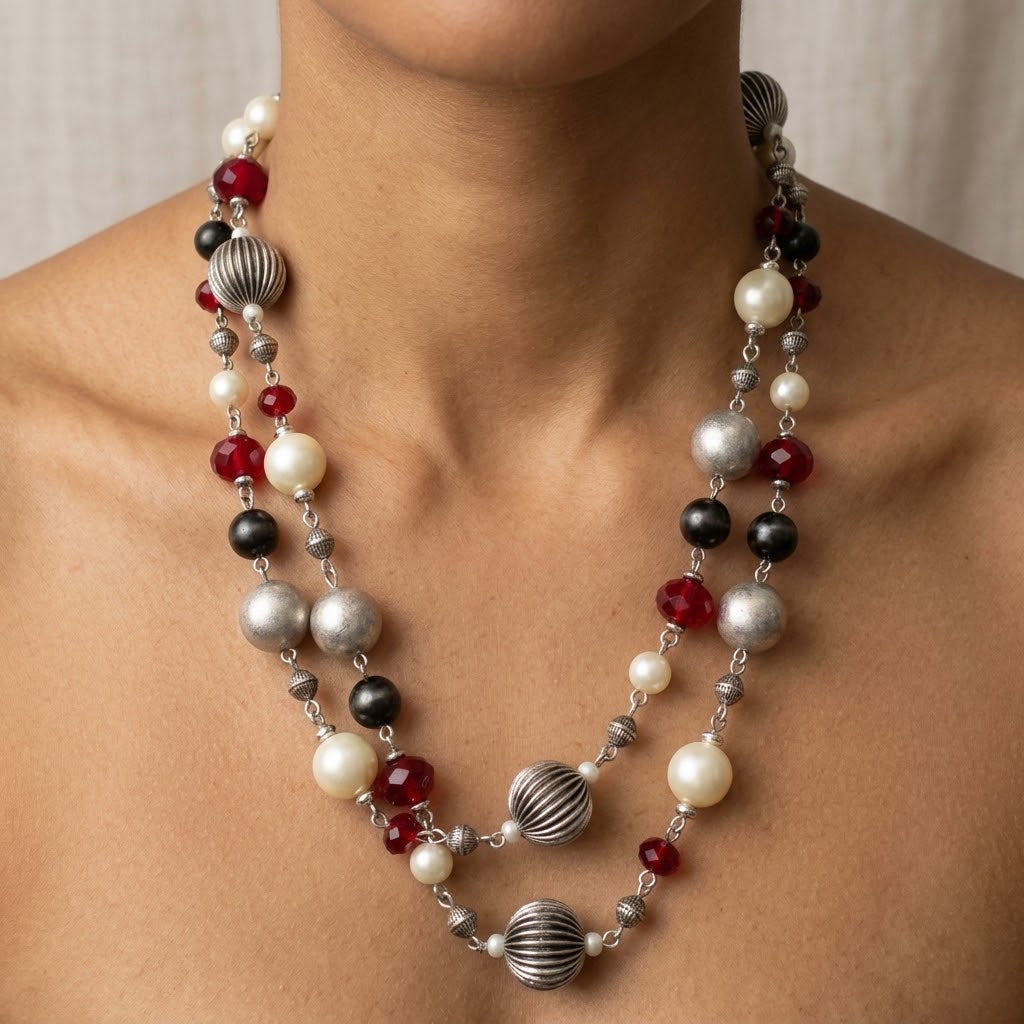 Vintage Premier Designs Red & Black Beaded Long Wrap Necklace 36 Inch